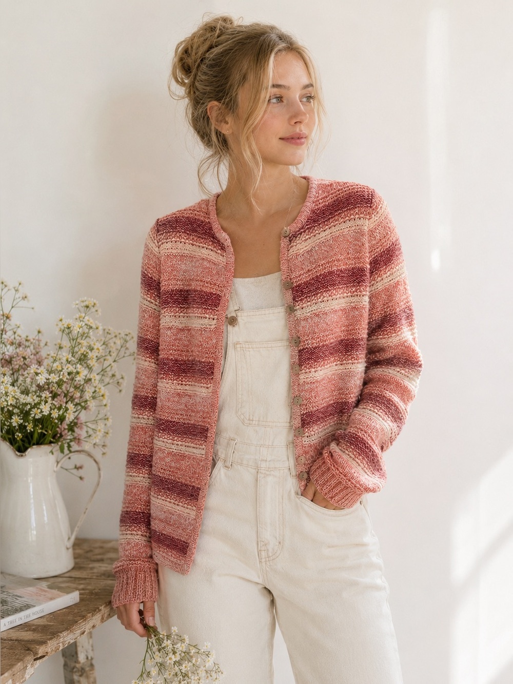 L.L. Bean Women's Cottagecore Button Front Pink Striped Knit Cardigan Sweater